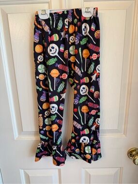 Girls Black Halloween Candy Print Ruffle Pajama Pants